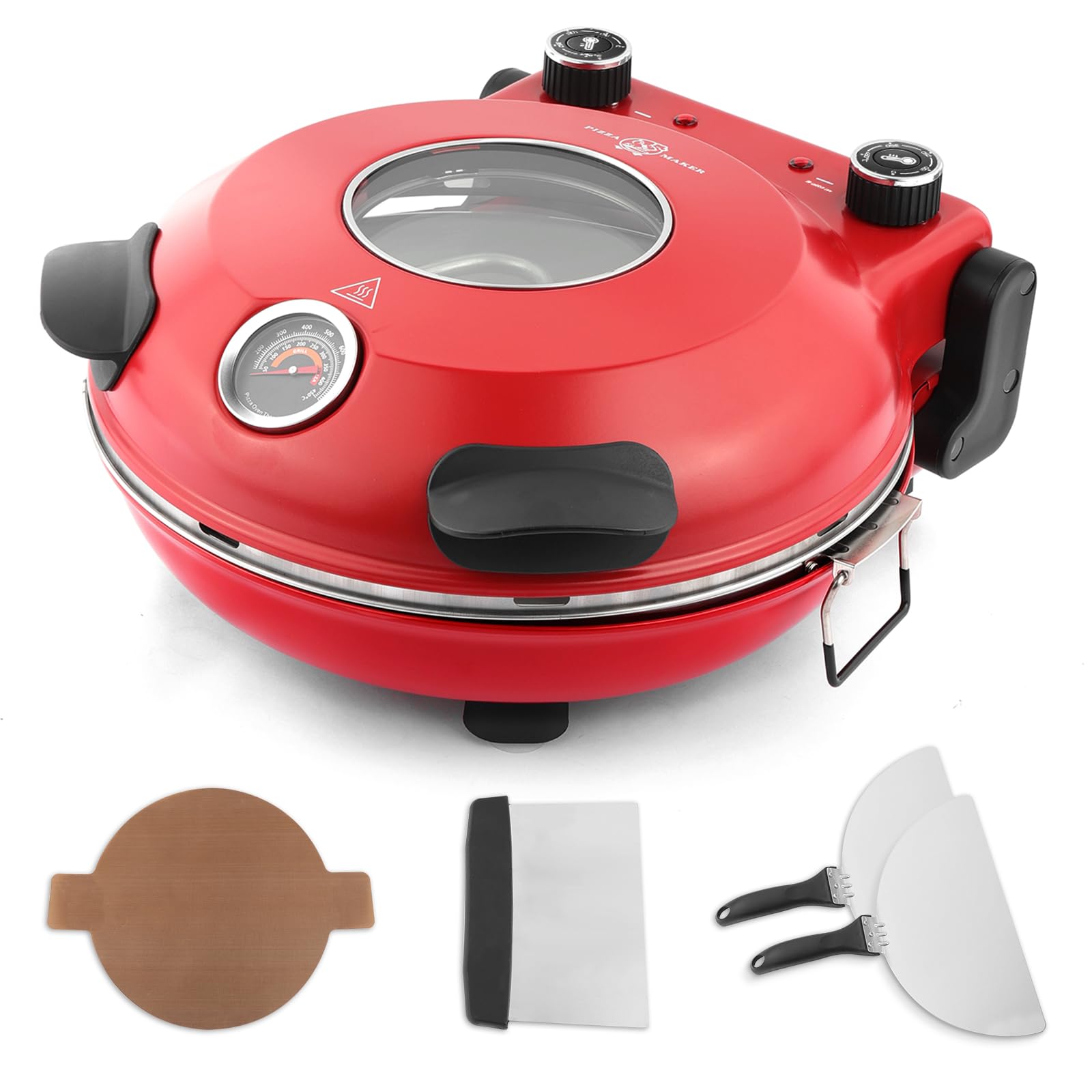 KLAIF Elektrischer Pizzaofen 420 °C, separat regelbare Ober- und Unterhitze, 31 cm Keramik-Pizzastein, inkl. 4-teiligem Pizzazubehör-Set, 1200 W, Modell LMR-Rot