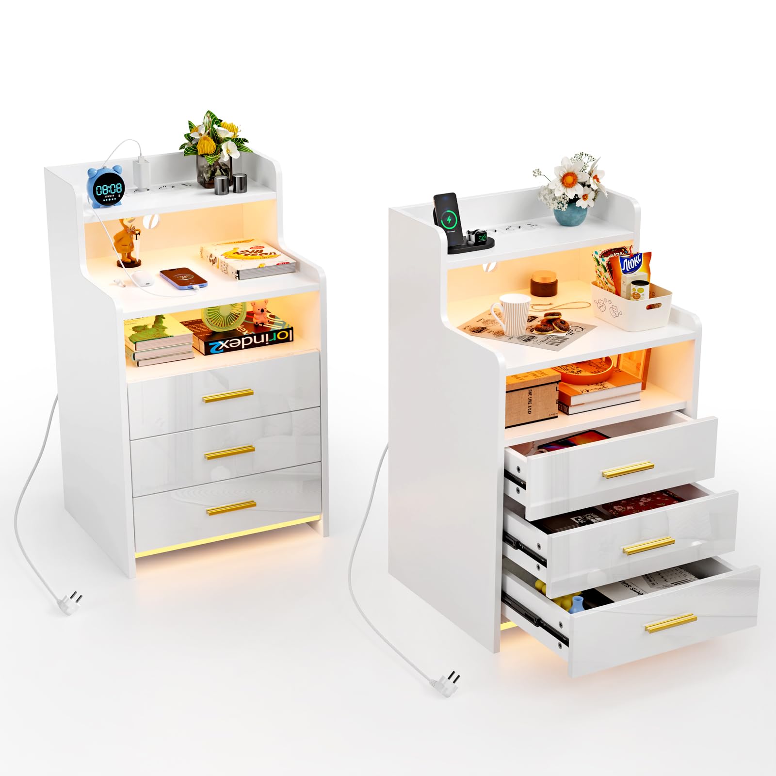 Set Di 2 Comodini Moderni Con LED E Ricarica USB – 3 Cassetti, Nero, 40x45x76 Cm Per Camera Da Letto E Soggiorno