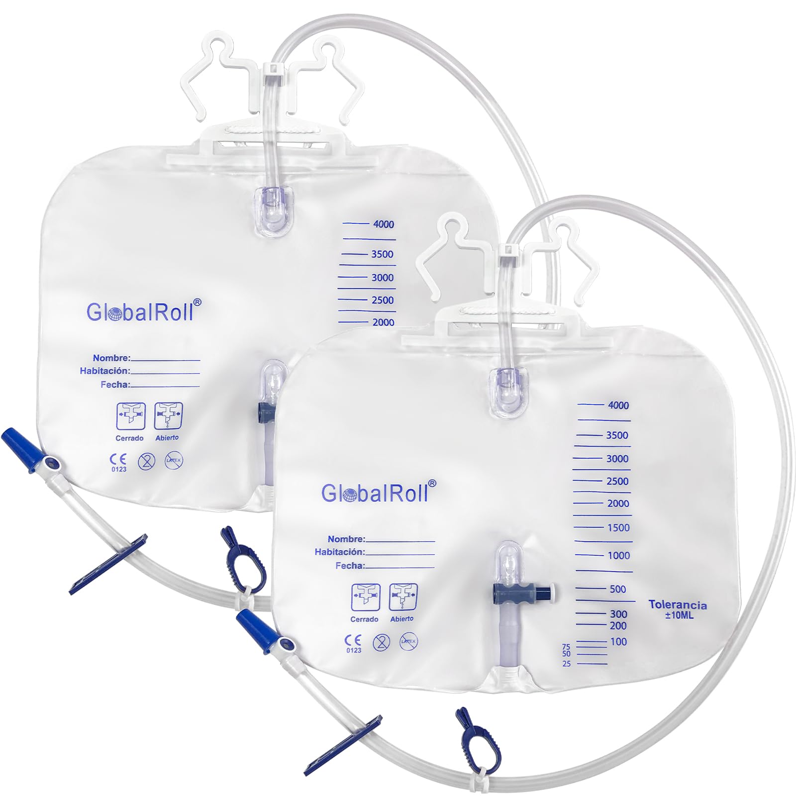 GlobalRoll Urinary Drainage Bag with Anti-Reflux Chamber, Bedside Drainage Bag 4000 mL with 39" Drainage Tube, Hook Hanger and Clips, Large Capacity