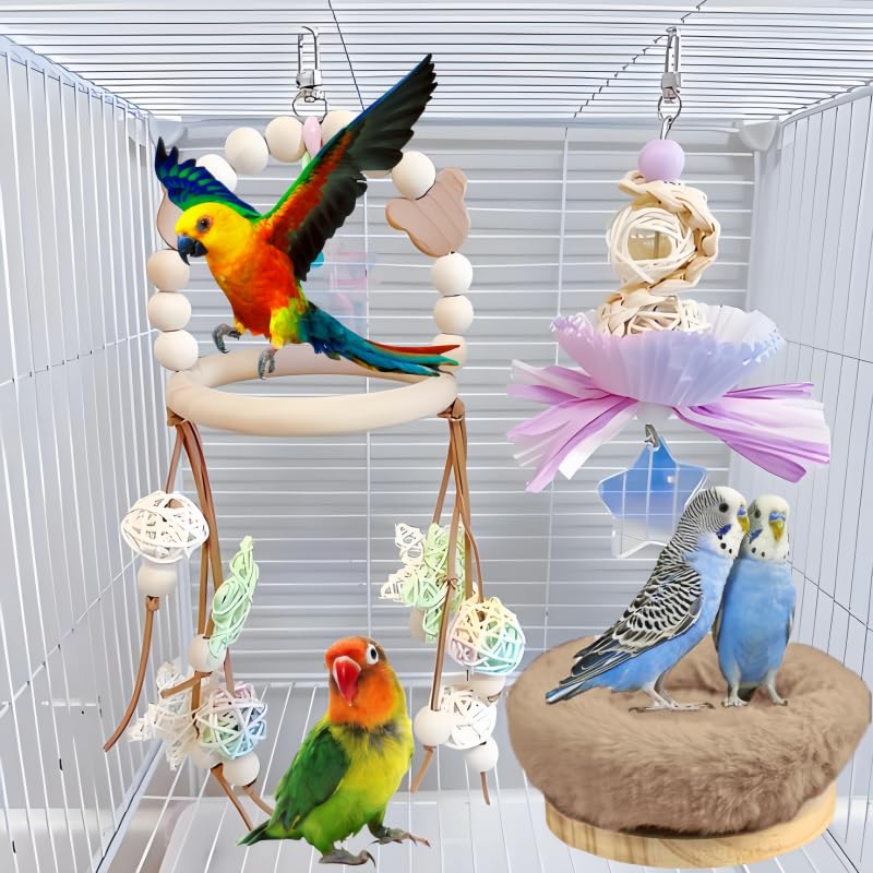 Image of 2Pcs Bird Perch Stand Platform Plush Parrot Hanging Hammock Warm Bird Nest Snuggle Hut Birds Sleeping Bed Wood Perch for Parrot,Budgies,Parakeet,Cockatiels,Conure,Lovebirds-Purple&Brown