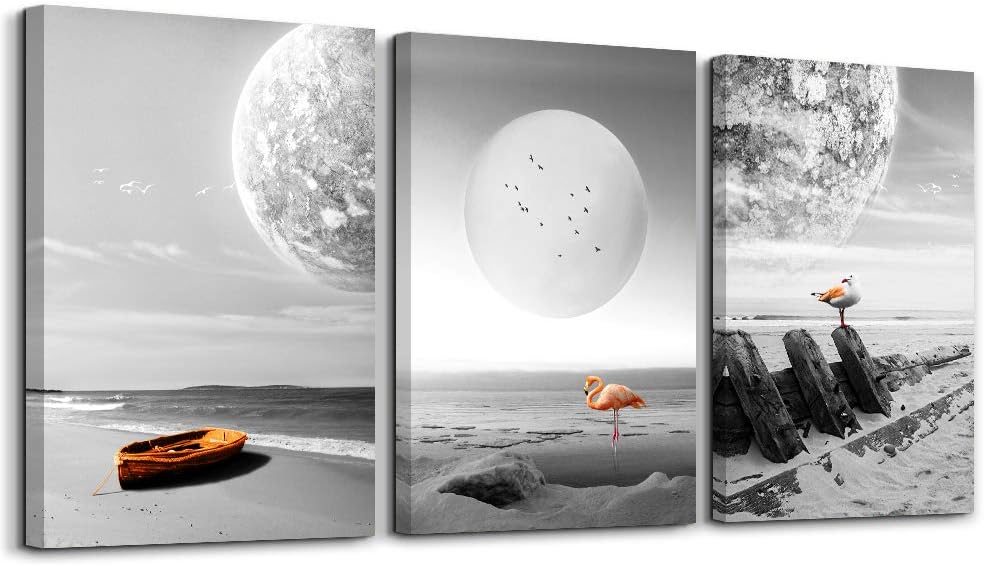 Canvas Wall Art Black White Dark Blue Sea Bird 12" x 16" x 3 Panels Canvas Painting Modern Artwork for Home Decoration Framed Ready to Hang