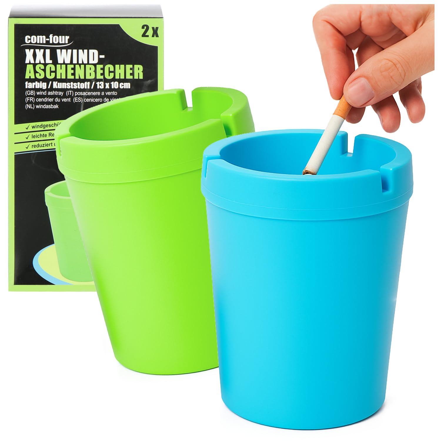 com-four® 2x XXL Aschenbecher für draußen - Windaschenbecher - Sturmaschenbecher mit Deckel - Autoaschenbecher, Ø 10 cm (grün + blau)