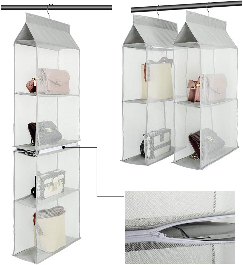 Hanging Purse Handbag Organizer, Detachable Nonwoven 4 Pockets Mesh Shelves Handbag Storage Bag for Holder Wardrobe Closet Living Room Bedroom, Gray