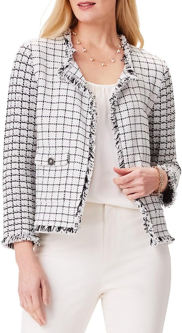 NIC+ZOE Women's Grid Fringe Mix Knit Pocket Jacket