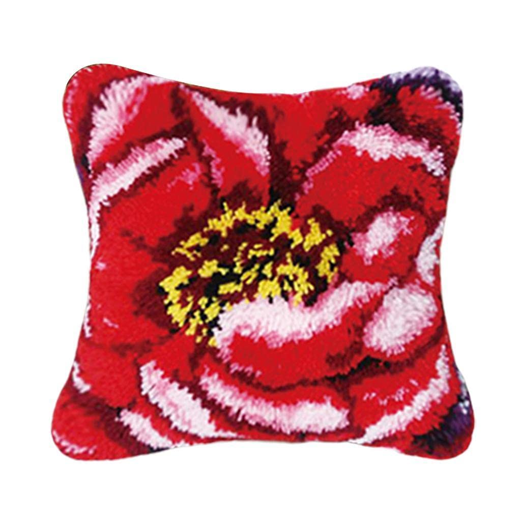 KBOLAE Latch Hook Rug Kit DIY Embroidery Needlework Cushion Pillow Mat Red Flower 1, 43x43cm