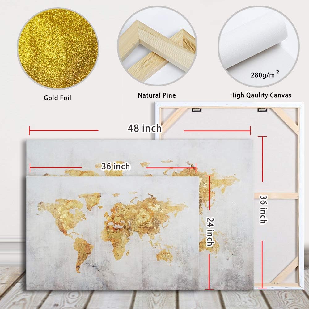 🔥 Kas Home Art Vintage Large Gold Foil World Map Wall Art Painting Pictures Print on Canvas Art The Picture for Home Modern Decoration Office Wall Decor (24 x 36 Inch, B Framed)