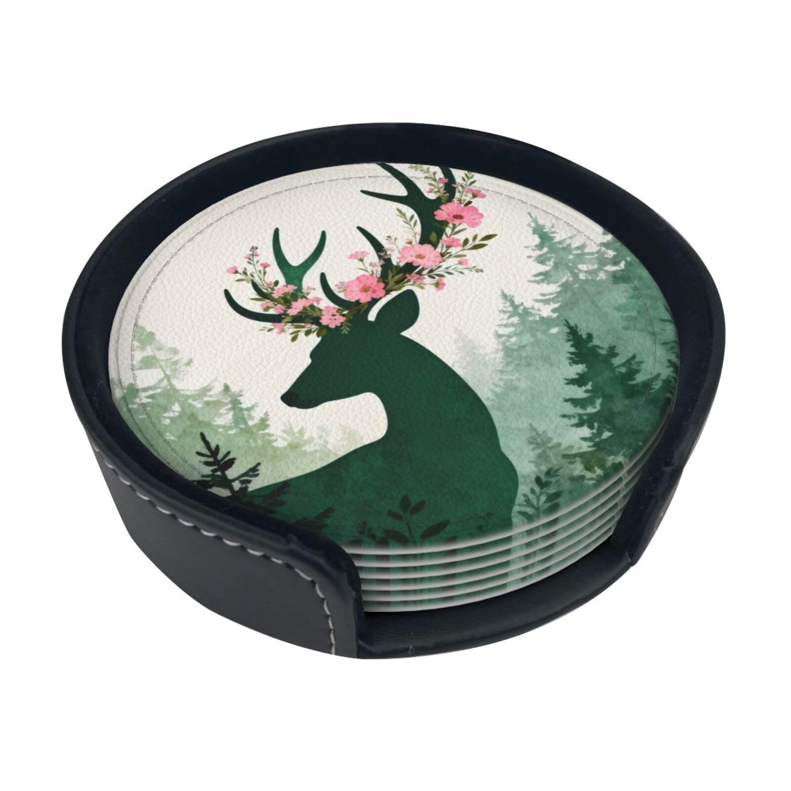 Cntdbu White Wreath Leather Coasters Set Of 6-Pu Leather Drink Mats For Table, Heat Resistant Round Coasters With Holder