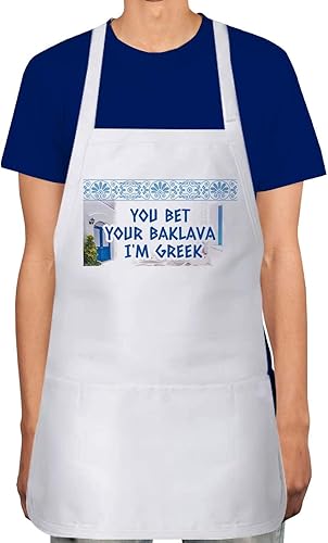 Makoroni - YOU BET YOUR BAKLAVA I'M GREEK - Delantal griego de cocina ajustable con 2 bolsillos para cocinar, hornear, escritorio 37, Blanco