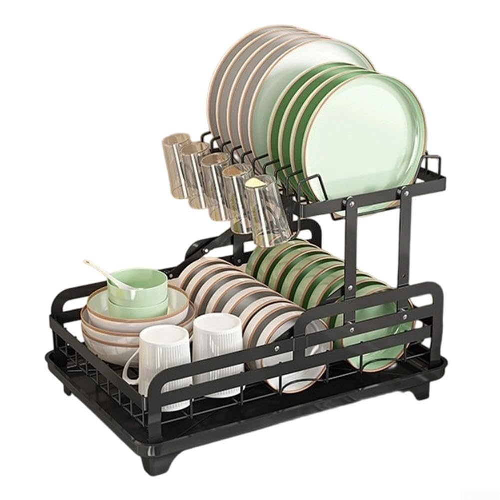 Scolapiatti 2 Livelli Espandibile in Acciaio con Drenaggio Girevole - Organizer Cucina Salvaspazio per Piatti e Posate 43x30x17cm(BLACK)