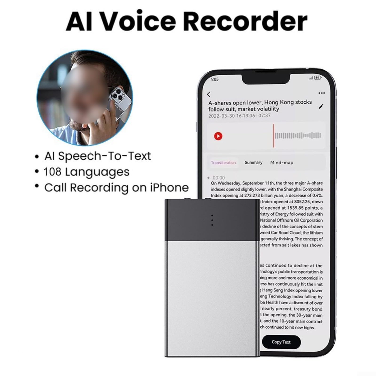 Ai Voice Recorder, Echtzeit-Transkription, 108 Sprachübersetzung, Telefonanrufaufzeichnung für iPhone, ideal für Interviews und Reisen (32 GB)