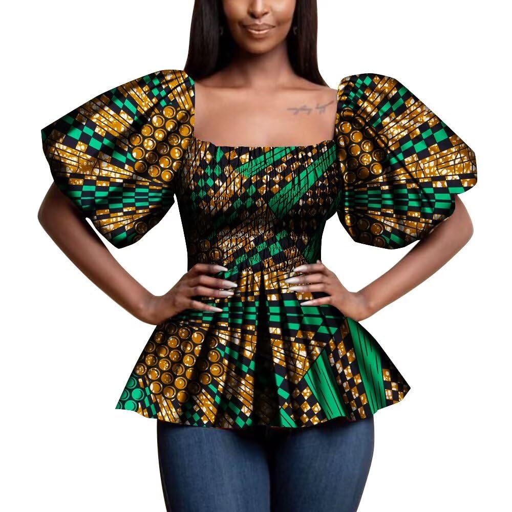 BAZINRICHE African Women Shirt Ankara Print Half Sleeve T Shirts Top Dashiki Causal Party