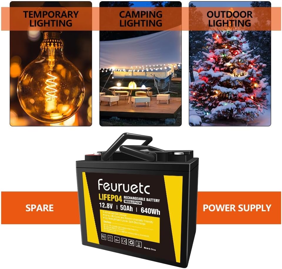 12V 50ah LiFePO4 Solar Battery – Deep Cycle Lithium Battery for Solar Systems, Off-Grid, RV, Marine, and Backup Power with 15000+ Cycles, Lightweight, Maintenance-Free (12V50AH-2)