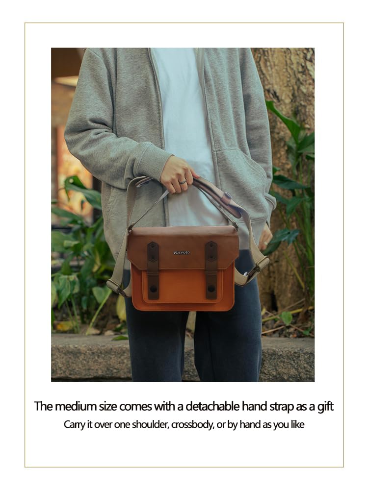 Bolsa de mensajero para cámara, de cuero vintage, con tapa superior, compatible con cámaras Canon, Nikon, Sony SLR/DSLR sin espejo para mujeres y hombres, funda de cuero caqui (naranja
