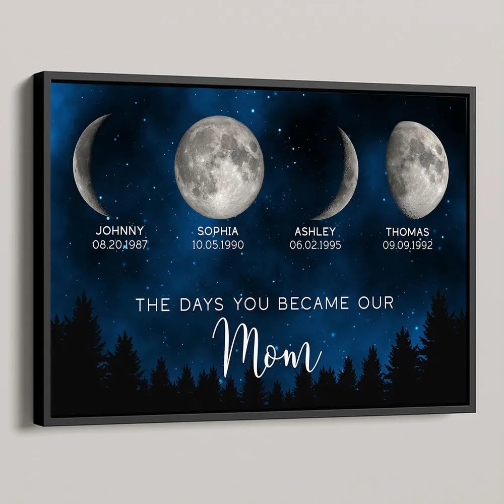 NAZENTI Night The Days You Became Our Mom Birthday Moon Phase Personalized Poster, A Heartfelt Gift for Mom’s Birthday, Mother’s Day Canvas, Moon Phase Mothers Day Gift