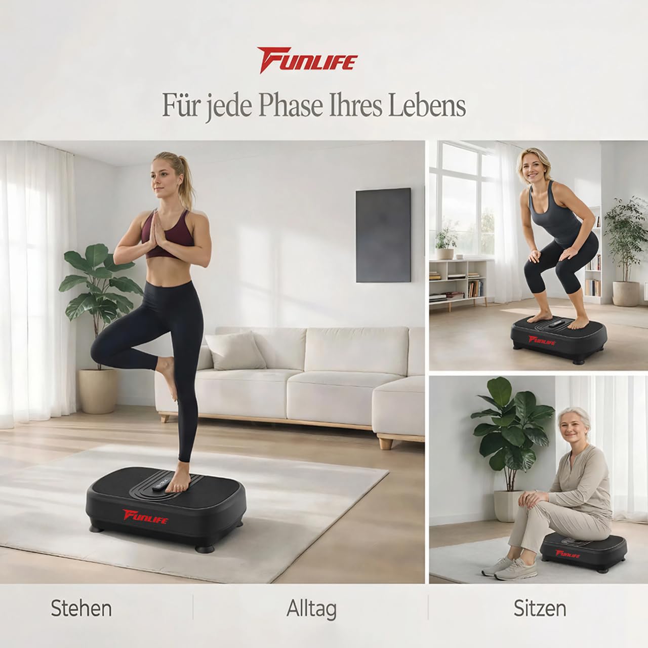 Funlife Vibrationsplatte 120kg- 180 Stufen,5 Programme &Manuell– Bluetooth&Lautsprecher – Fitnessplatte mit Trainingsseilen für Ganzkörpertraining