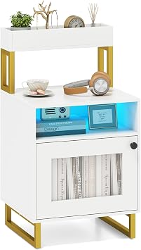 COSTWAY Bedside Table with LED Lights, Smart Nightstand End Sofa Side Table with Top Tray, Open Compartment & Storage Cabinet, Bedside Cabinet Chest for Living Room Bedroom 1, White