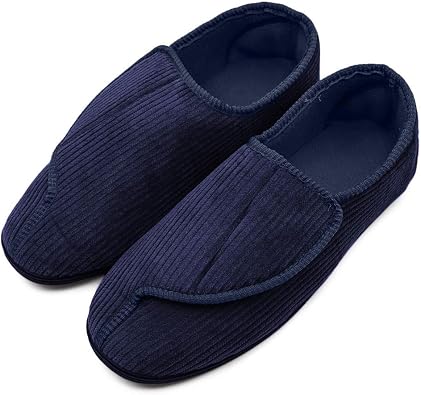 Mens Memory Foam Diabetic Slippers with Adjustable Closures,Extra Wide Width Comfy Warm Plush Fleece Arthritis Edema Swollen House Shoes Indoor/Outdoor