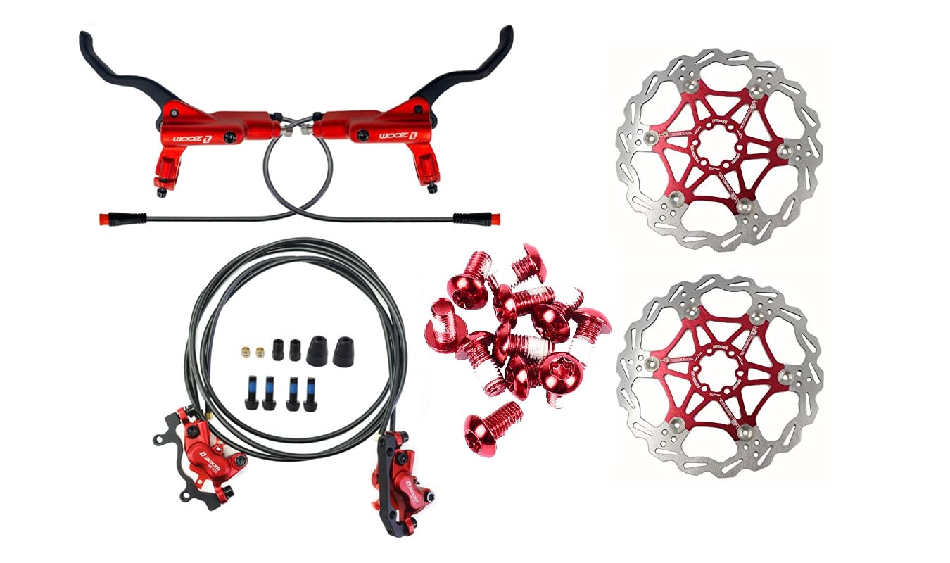 NYK ZOOM HB-876-E MTB - Freno de disco hidráulico de 4 pistones, 3 pines, frenos de aceite para bicicleta eléctrica con rotores de bicicleta de 203 mm (rojo)