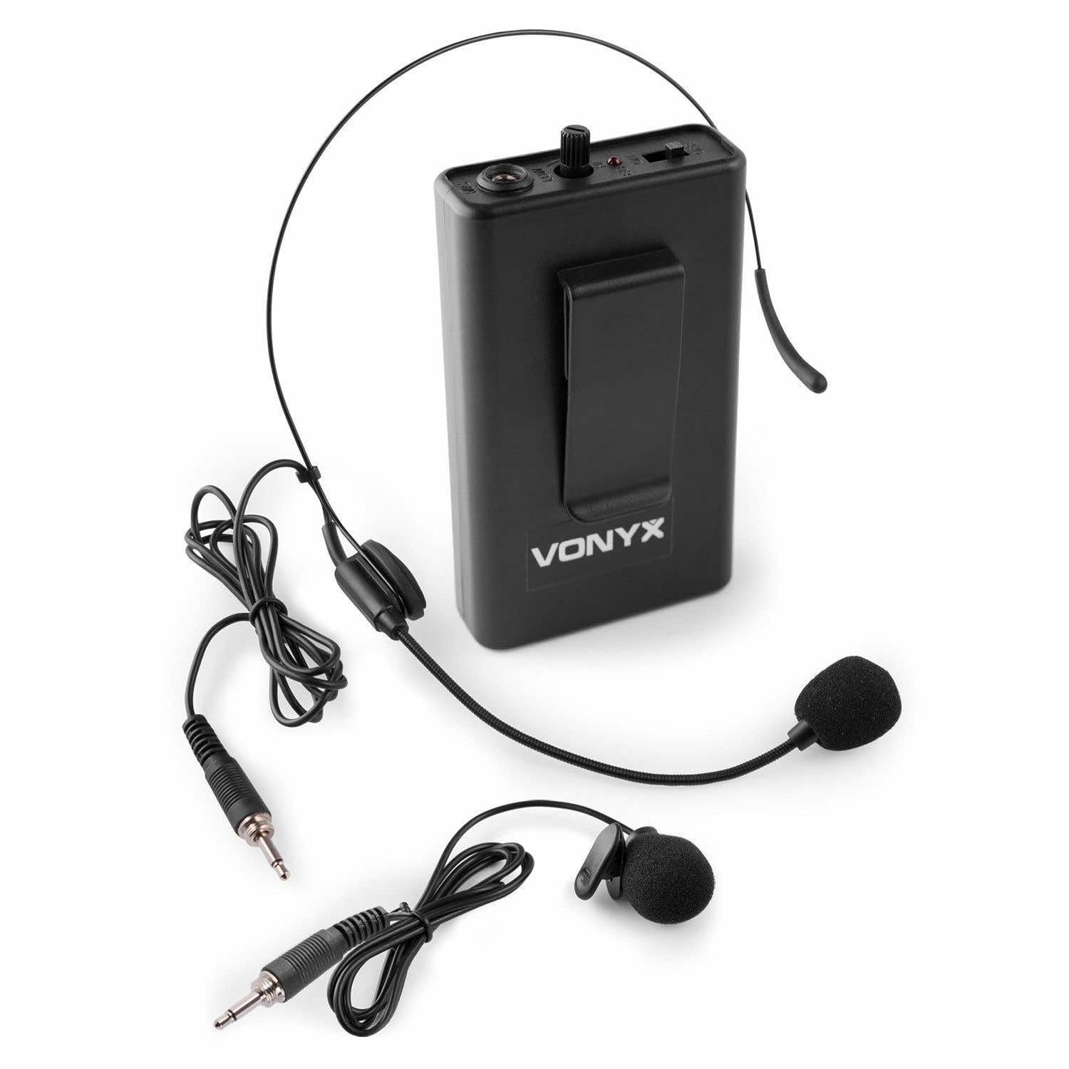 Vonyx BP10 Petaca UHF con micrófono de Diadema 863,1 MHz | Diadema y lavalier incluidos, Jack 3,5 mm, compatible equipos Vonyx UHF