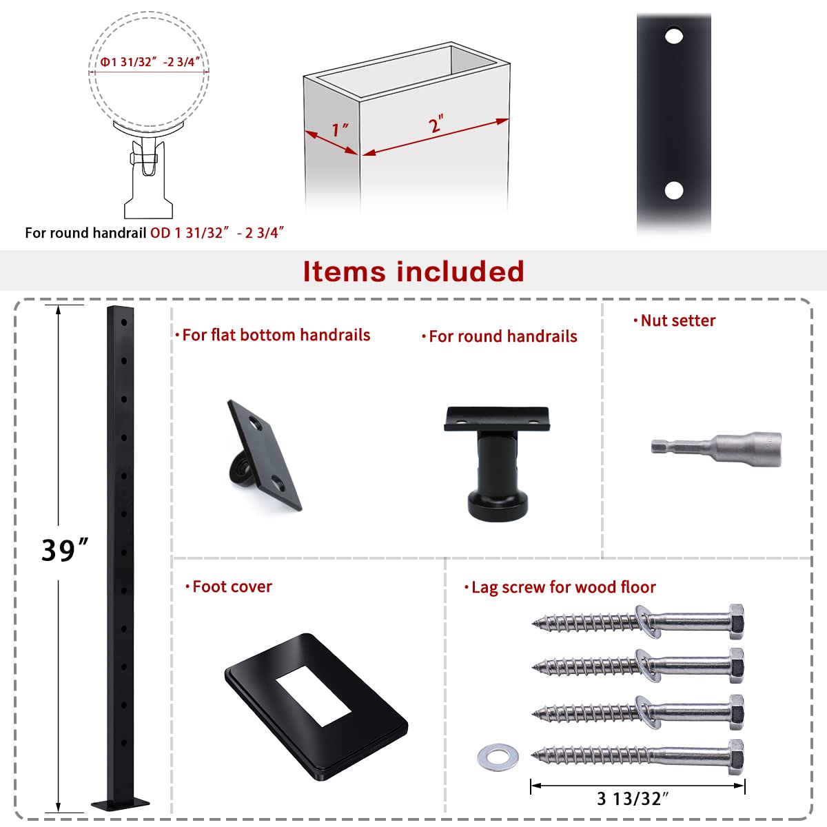 Chеареѕt 🛒 Muzata Cable Railing Post Intermediate Stabilizer 42x1x2 Stainless Steel Black Finishing Pre-drilled Post Surface Mount for Wood Concrete Level Deck Stair Invisible kit PS11 BH4L, PT1 PT2 PT6