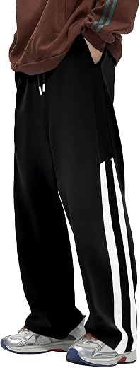 AVANOVA Men's Black Striped Sports Track Pants – Loose Fit Casual Trousers with Drawstring Waist, Straight-Cut Outdoor Run...