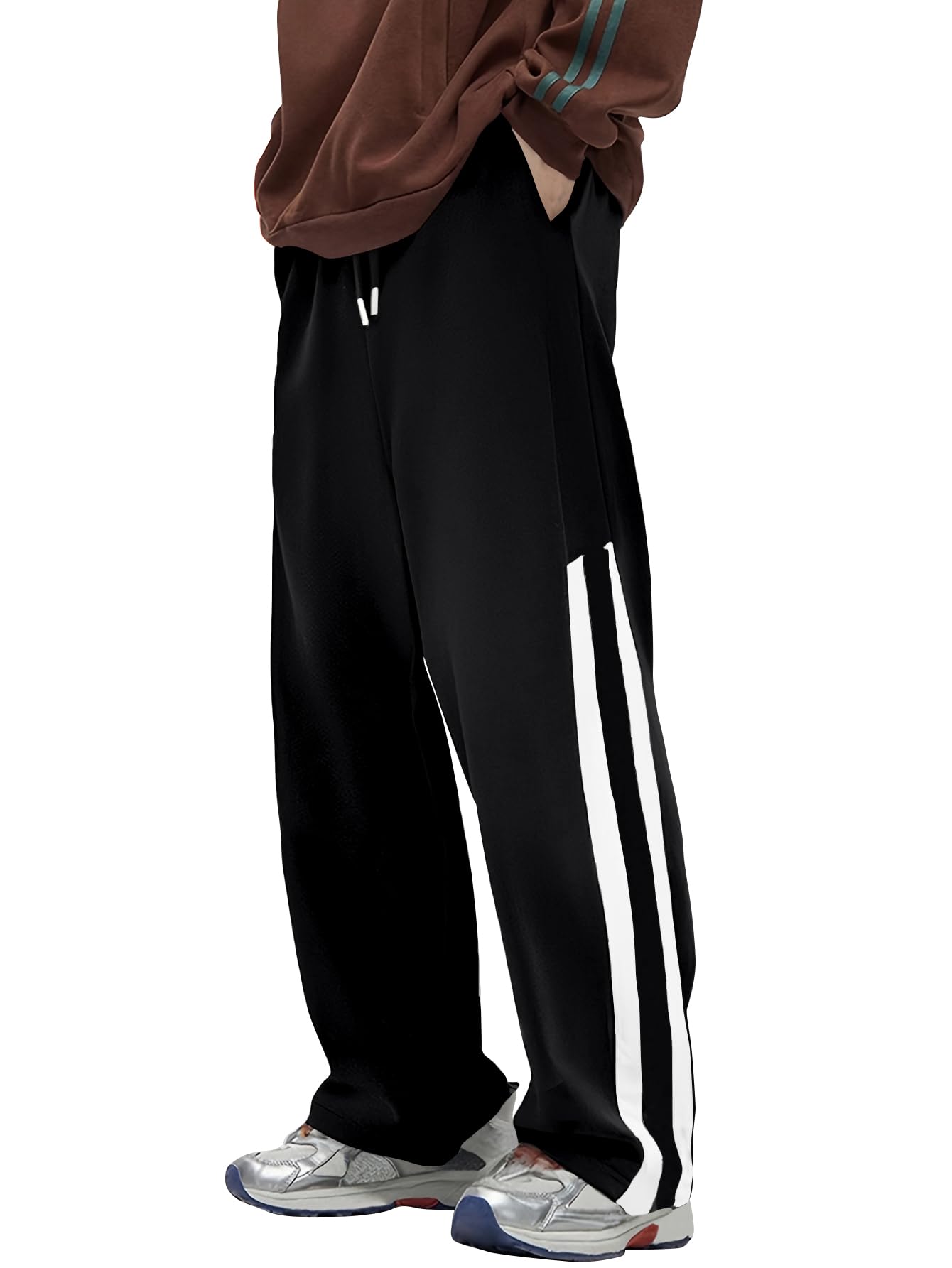 AVANOVA Men's Black Striped Sports Track Pants – Loose Fit Casual Trousers with Drawstring Waist, Straight-Cut Outdoor Running & Fitness Track Pants, Lightweight Spring/Summer (Track 257)-picture-29