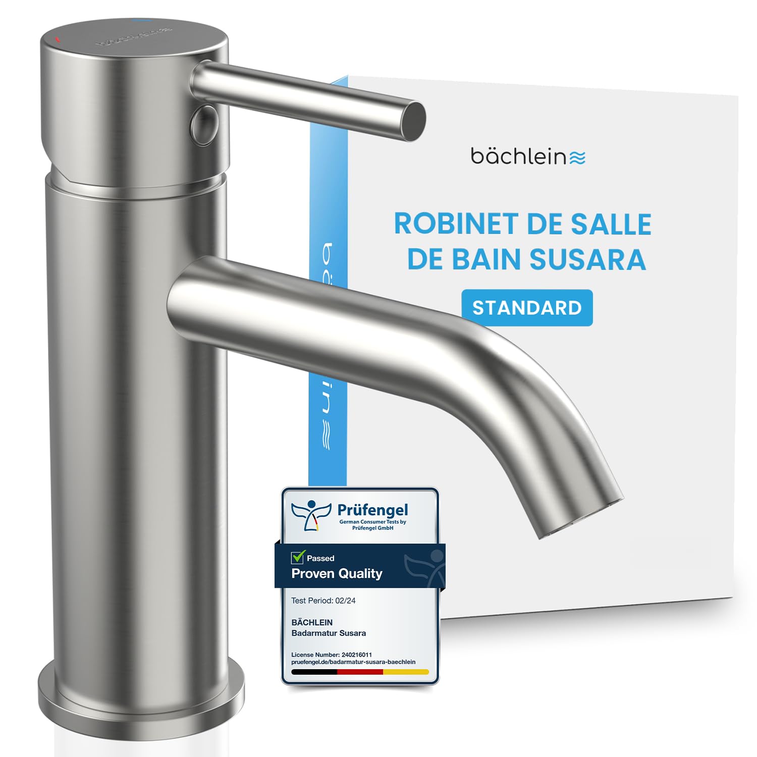 Bächlein Susara Robinet de salle de bain avec bec incurvé, design mitigeur monocommande avec cartouche en céramique durable et kit de montage, robinet de salle de bain en acier inoxydable brossé