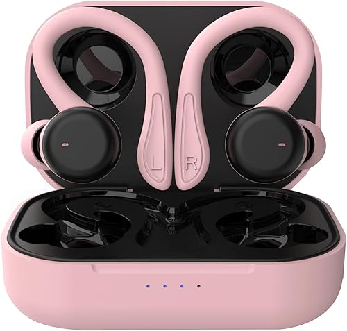 Auriculares inalámbricos rosados con ganchos para los oídos auriculares Bluetooth para entrenamiento cancelación de ruido ajustable pequeños y para