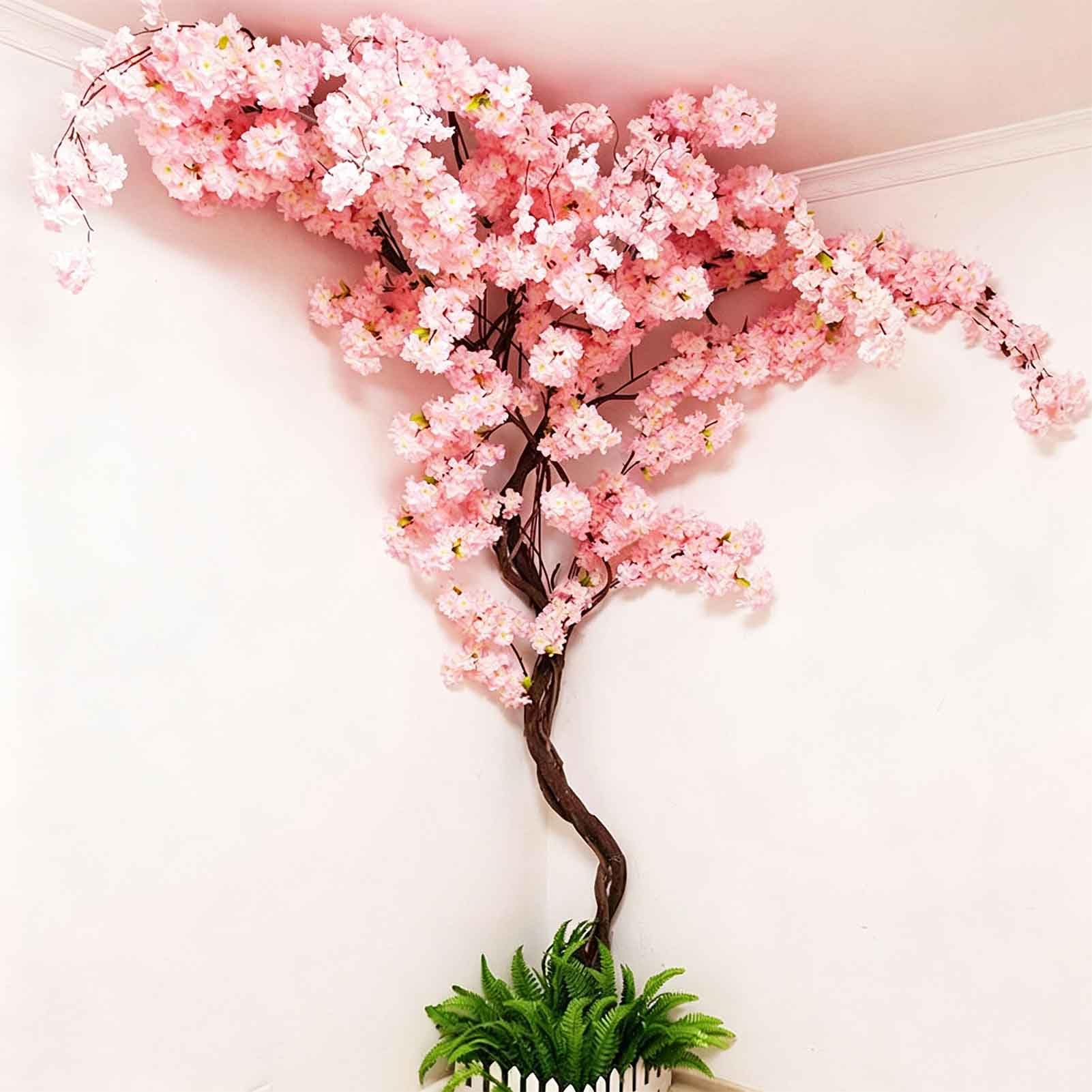 Photo 1 of Quepiem Pink Artificial Cherry Blossom Vines Trees with Fence