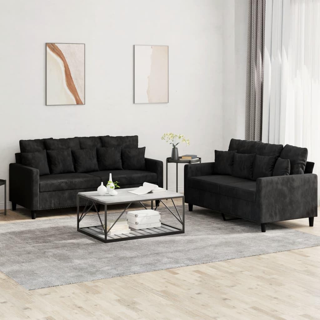 Rantry Set di Divani 2 pz con Cuscini Nero in Velluto, Set Divano Letto Sofà Soggiorno Divanoletto, Set Divano Moderno Divani per Esterno da Giardino, Esterno Arredamento Model3201705