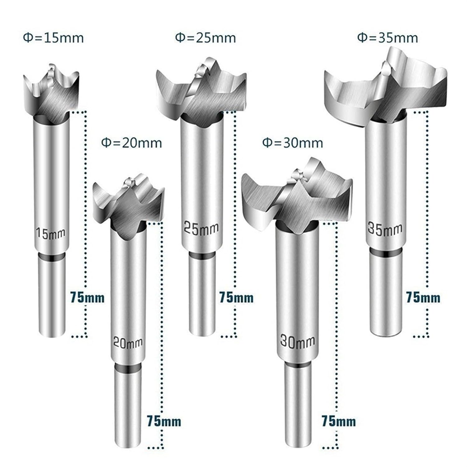 5pcs Forstner Bit Carbon High Speed Steel Woodworking Hole Saw Set Auger Opener Drilling Wood Plastic Plywood with Round Shank