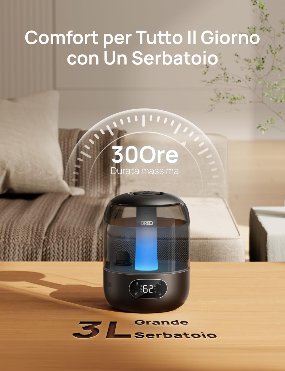 Dreo 3L Umidificatore Ambiente Bambini Silenzioso 26dB con Sensore di Umidità, Ultrasuoni Nebbia Fresca, Ugello 360°, 30h Autonomia, Diffusore Oli Essenziali, Luce Ambientale, per Casa e Piante, Nero