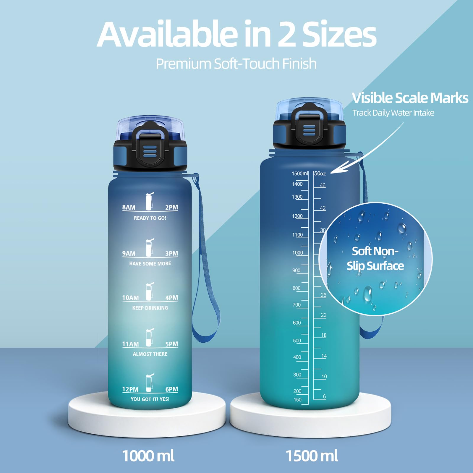 Motswedi Borraccia 1.5 Litro, senza Cannuccia, Borraccia Palestra, Bottiglia Acqua, a Prova di Perdite, Plastica Borracce Sportiva 1.5 l, per Ufficio, Sport, Palestra, Ciclismo, Blu & Verde
