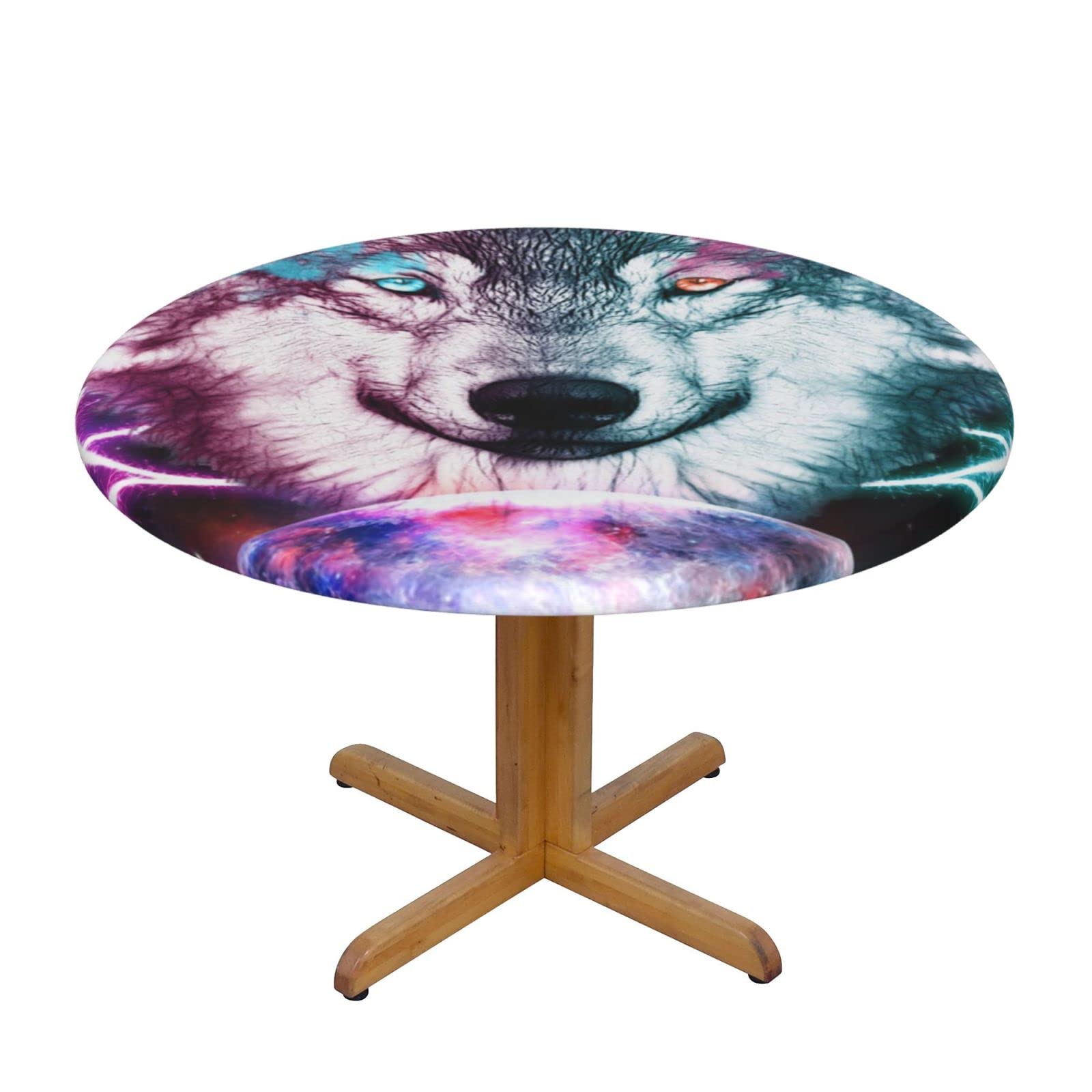Lsjuee Round Fitted Tablecloth 40-44in Elastic Edged Table Cloth for Kitchen Dining Party Home Decor - Wolf Magic Abstract Galaxy