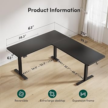 مكتب قائم على شكل حرف L مقاس 75x63 بوصة من FEZIBO، مكتب كهربائي قابل لتعديل الارتفاع على شكل حرف L، مناسب للمكتب المنزلي، أسود