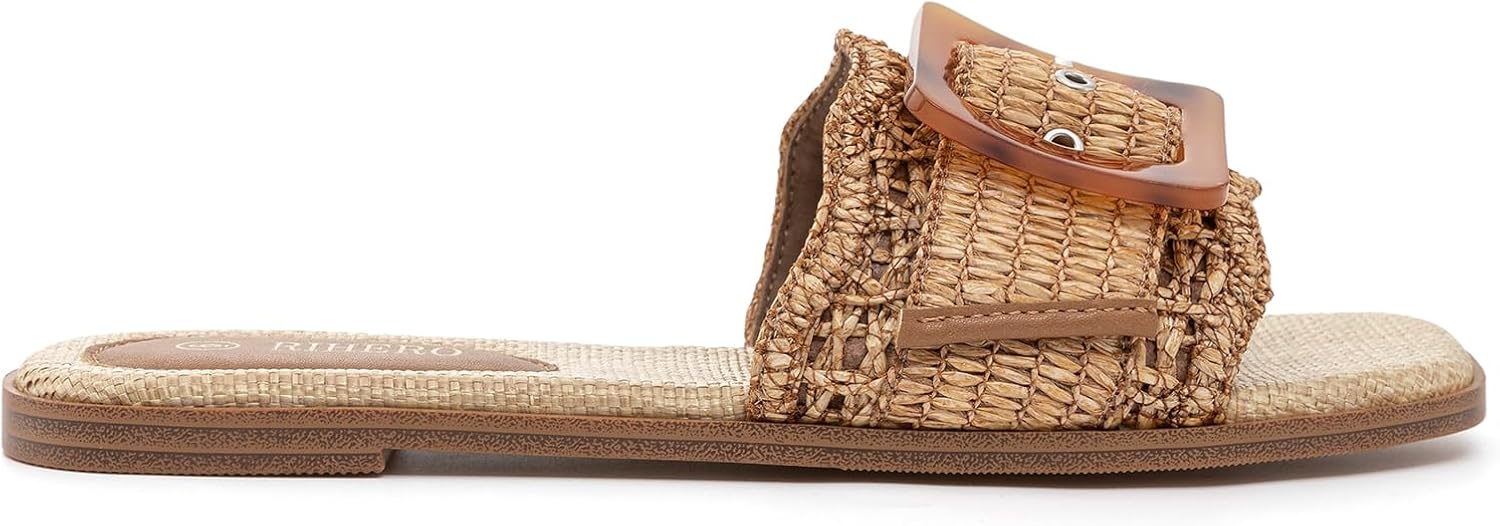 Rihero Women's Raffia Flat Sandals Square Open Toe Summer Beach Slip On Woven Buckle Slide Sandals - Image 3