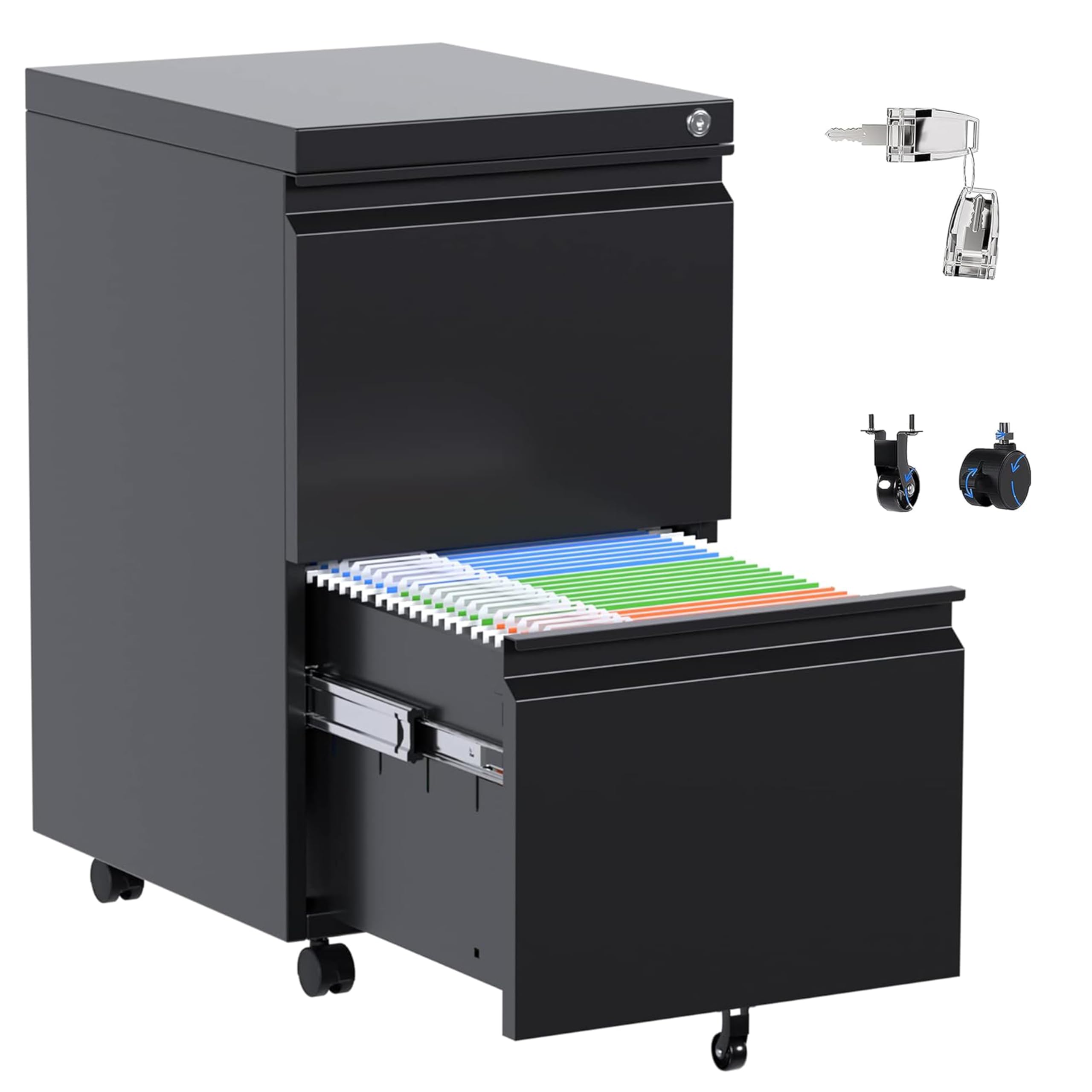 Aobabo Metal 2 Drawer Mobile File Cabinet with Lock, Under Desk Office Steel Filing Cabinet, 25.6''H Legal/Letter Size, Black, Fully Assembled Except Wheels