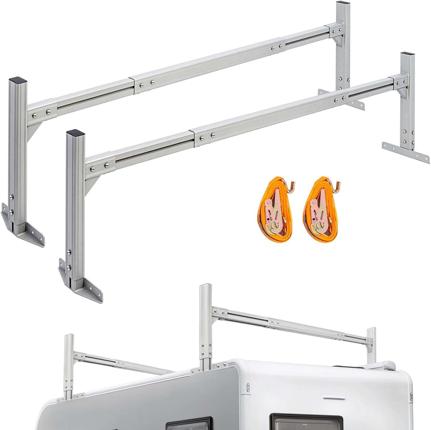 Universal Trailer Ladder Rack,800LB Capacity Painted Frosted Surface Aluminum, with 2 Straps for Open and Enclosed Trailers,Fits 5.7'-8.1' Width Trailer(USPTO Patent NO.: USD1011870S) Silver