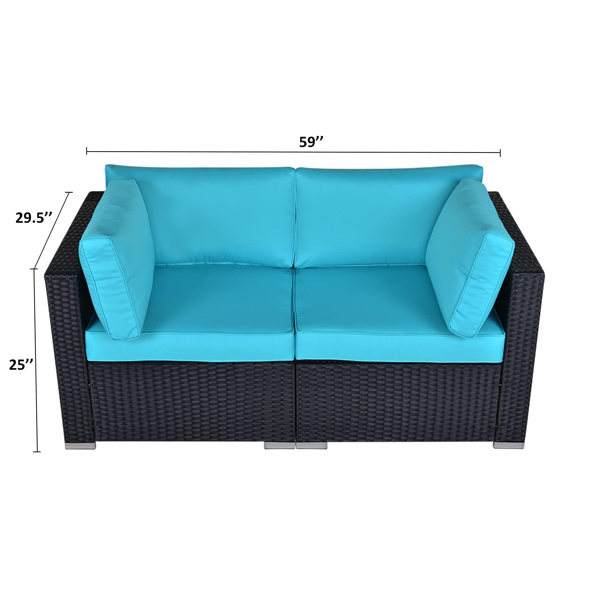 Patio Furniture Corner Sofa Outdoor Loveseat, Wicker Rattan Outdoor Sectional Sofa Black Wicker and Blue Cushion- 2 BOXES COMPLETE SET
