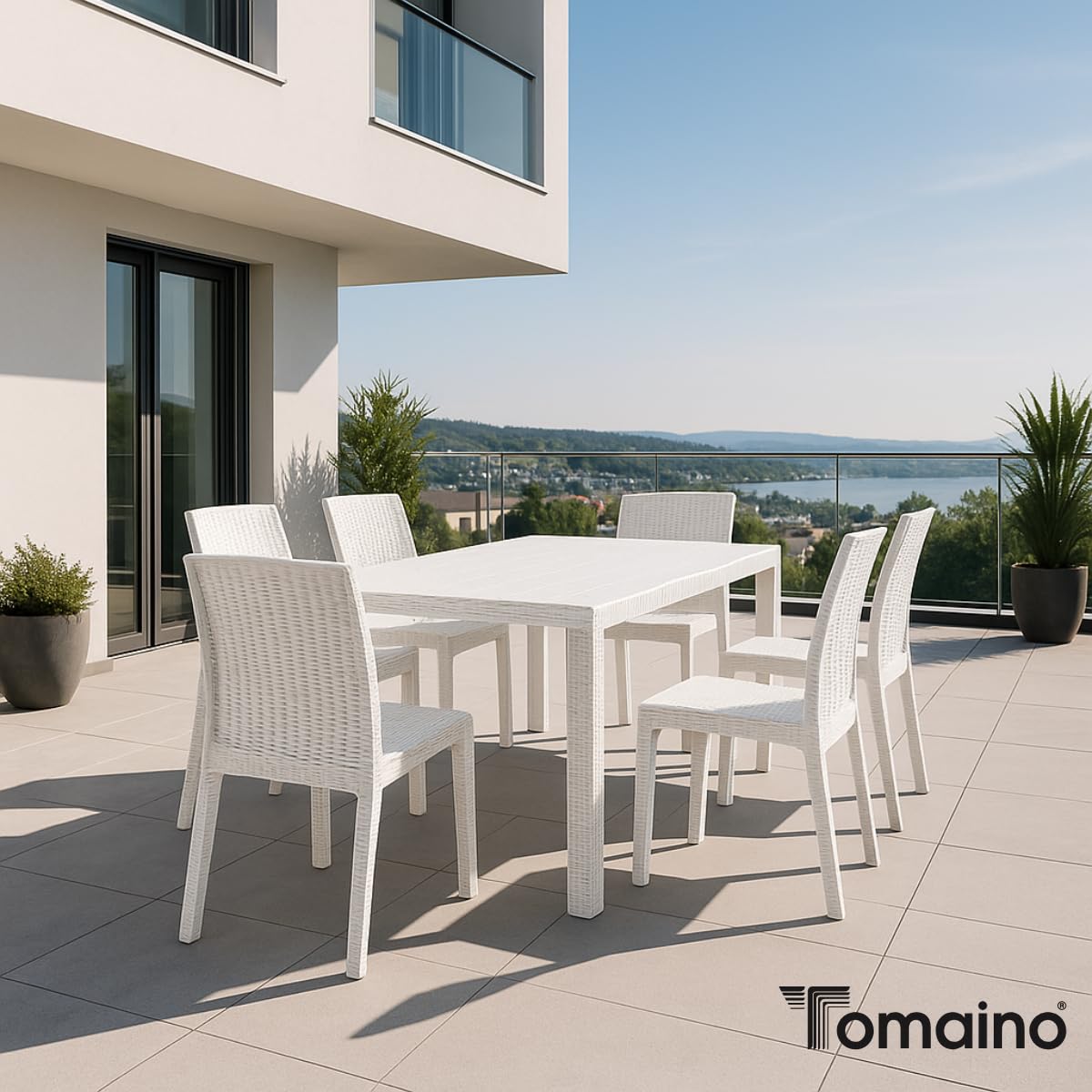 Tomaino - Set Tavolo e 6 Sedie Da Giardino In Plastica - Sedia e Tavolo Per Esterno Da Pranzo 6 Posti Rettangolare Effetto Rattan 150x90x74h cm (Bianco)