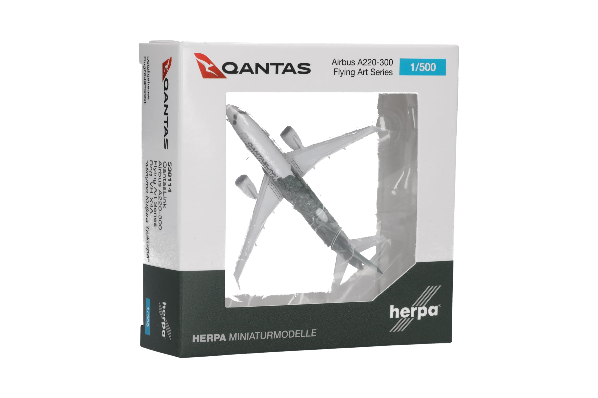 Herpa Modellino aereo QantasLink Airbus A220-300 – Flying Art Series/Minyma Kutjara Tjukurpa, miniatura in scala 1:500, pezzo da collezione, modello di aereo senza base, metallo
