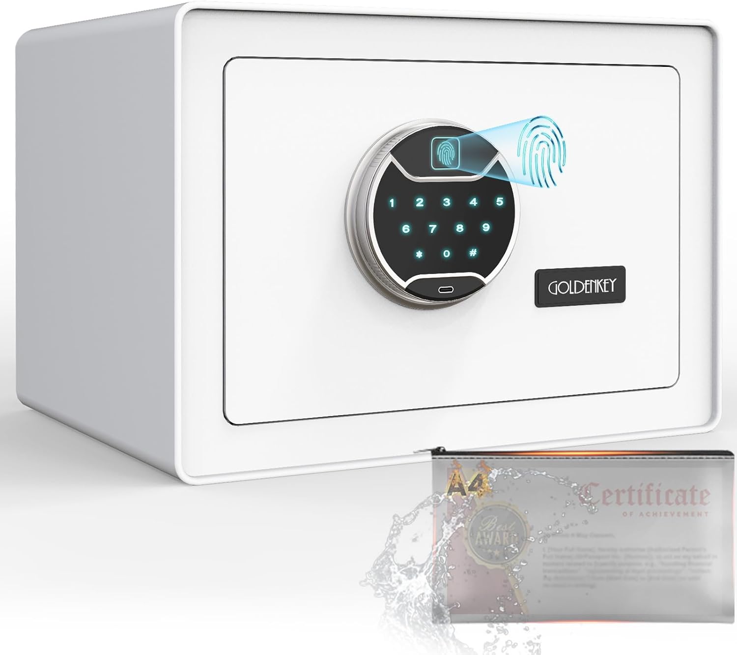 GoldenKey Caja de seguridad biométrica blanca de 1.2 pies cúbicos con teclado de pantalla táctil, cajas fuertes de joyería para efectivo,