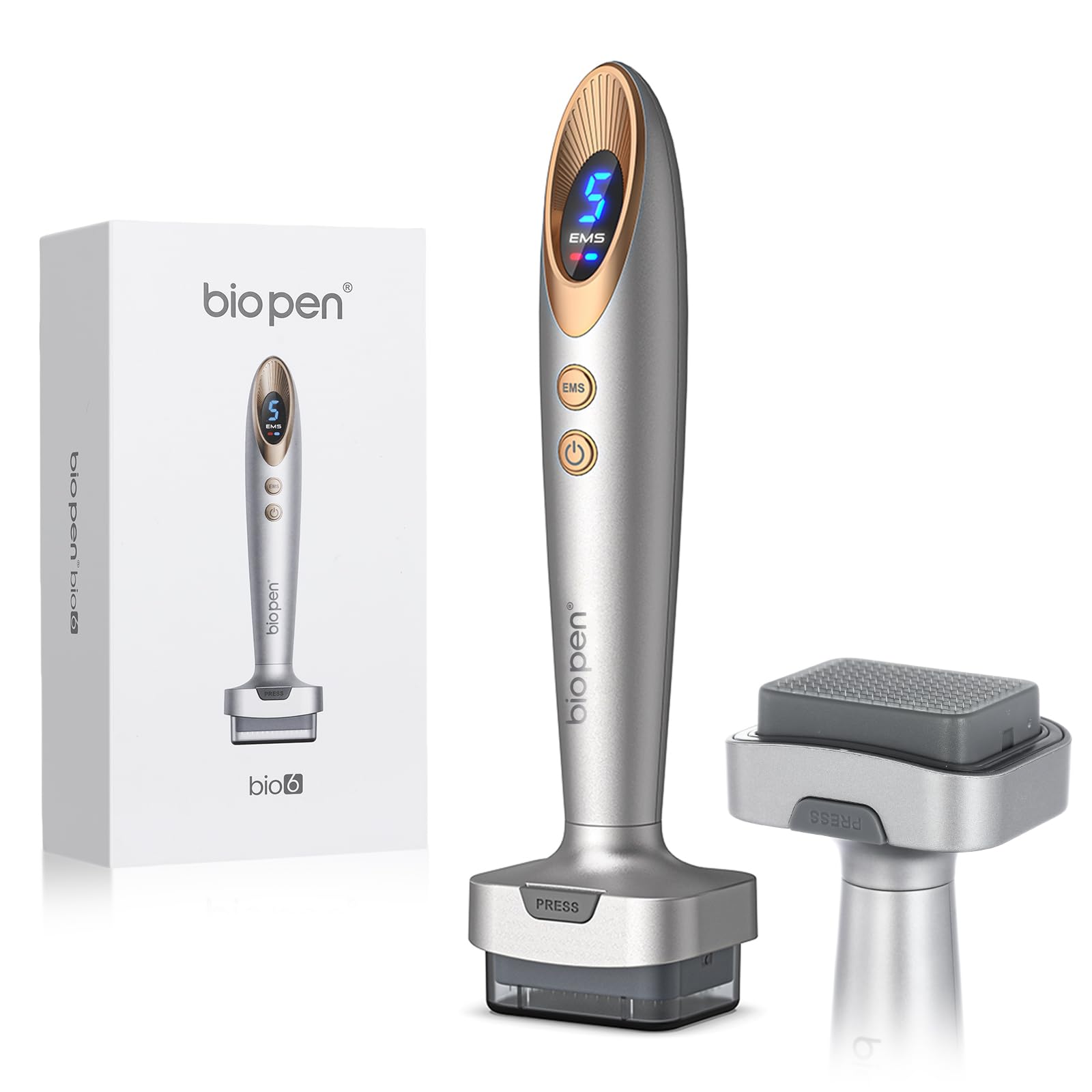 Biopen Derma Stamp 140 Pins, Microneedling + Vibración + Luz LED con 2 Cabezales Reemplazables (0,5 mm) para Cabello Debilitado/Crecimiento de la Barba/Cuidado Facial (Oro Blanco)