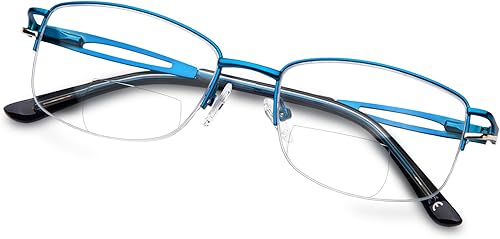 LianSan Anteojos de lectura bifocales de metal para mujer, elegante medio borde cero parte superior, bloqueo de luz azul, lector de computadora