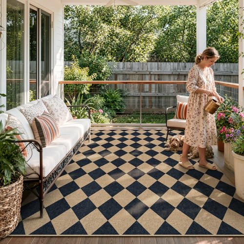 Lahome Colette Checkered Easy Jute Area Rug 8x10, Large Living Room Patio Rug Checkerboard Indoor Outdoor Carpet, Farmhouse Geometric Non Slip Black Carpet for Backyard Dining Room