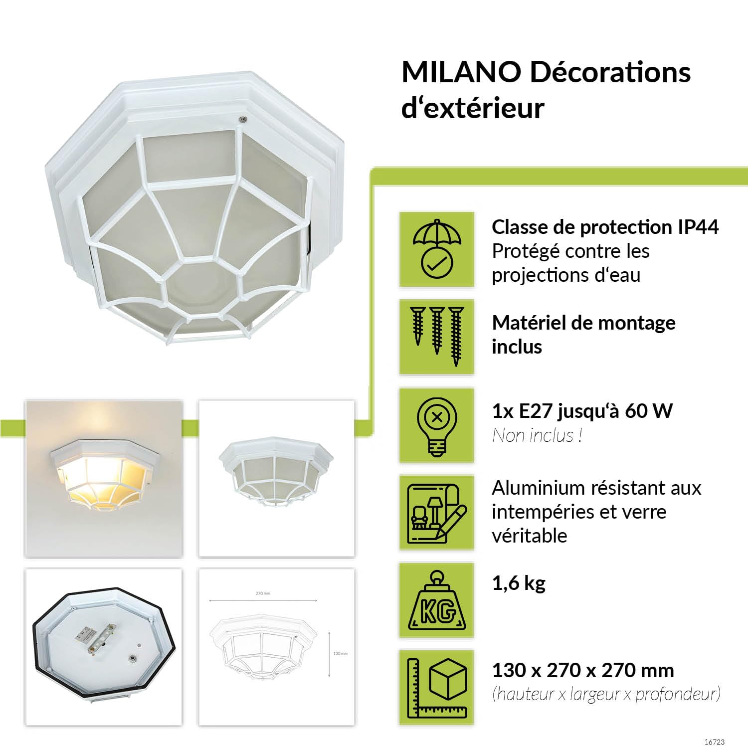 Plafonnier extérieur aluminium verre blanc IP44 27 cm E27 60 W MILANO