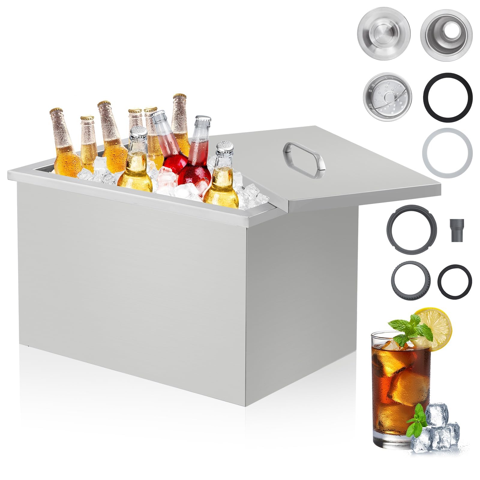 Einbau-Eisbox Edelstahl Isolierte Eiskühler, Eisbehälter Eingebaute Eisspeichertruhe Kommerzieller Drop in Ice Chests Mit Topfdeckel Abflussrohr Für Den Außenbereich, Für Kalten Wein Bier