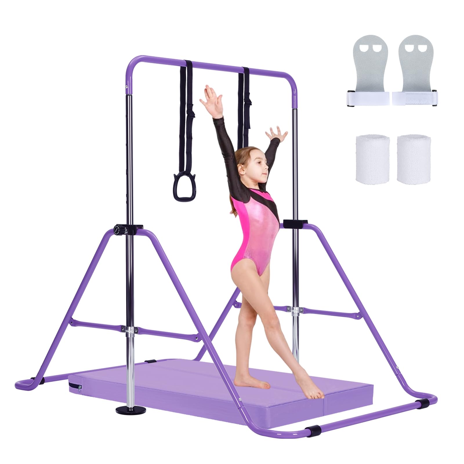 M.J COMFY-LIFE Gymnastics Bar Adjustable Junior Bar for Kids Ages 6-12 with Rings & Grips β Safe Triangular Gymnastic Bar for Home, gymnastics pole 5 Height Levels, up to 120 lbs (With Mat, Purple)
