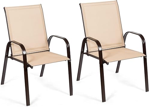 Juego de 2 sillas de patio con marco de metal, sillas de comedor al aire libre, sillas de jardín resistentes con brazos, almohadillas