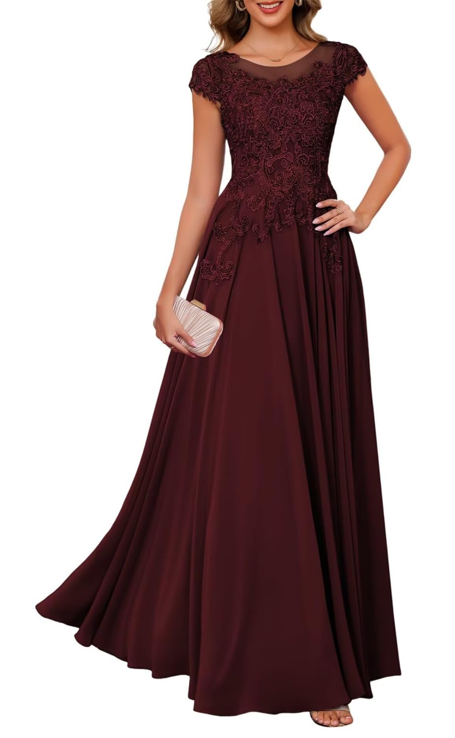 KURFACE Classy Mother of The Bride Dresses for Wedding Chiffon A Line Long Lace Applique Corset Formal Prom Gown UK16 Burgundy